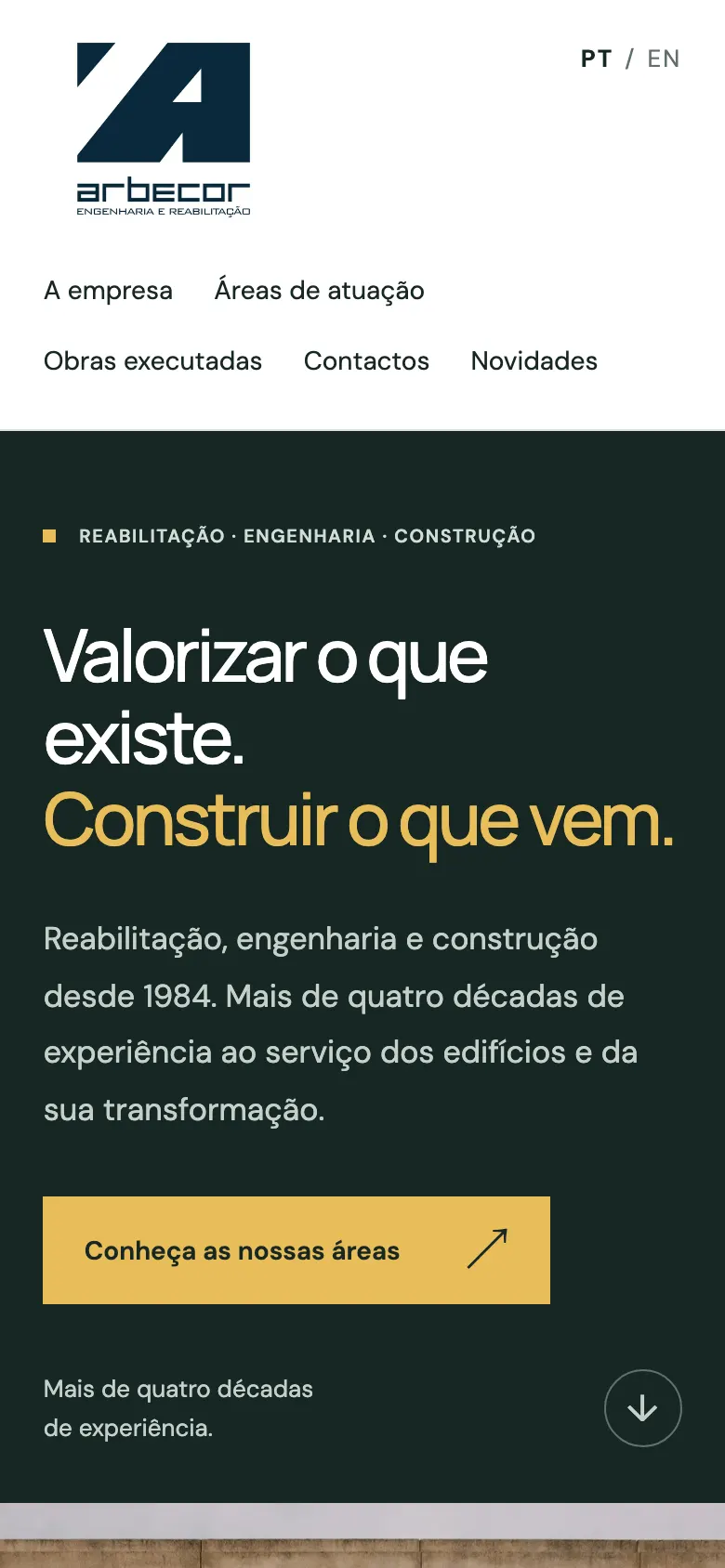Página inicial da Arbecor no telemóvel