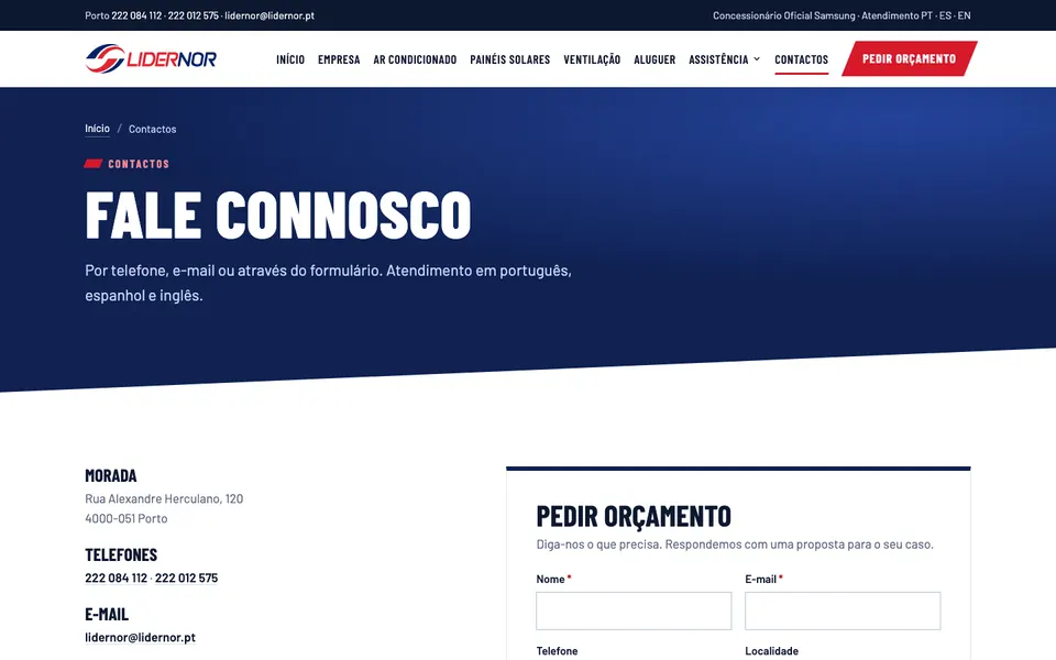 Página de contactos com formulário de orçamento