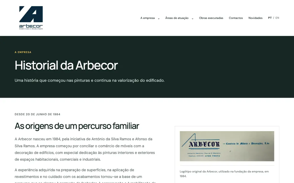 Página do historial da Arbecor