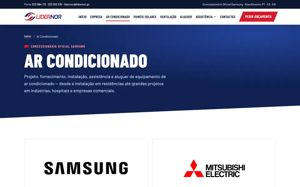 Página de ar condicionado com as marcas Samsung e Mitsubishi Electric