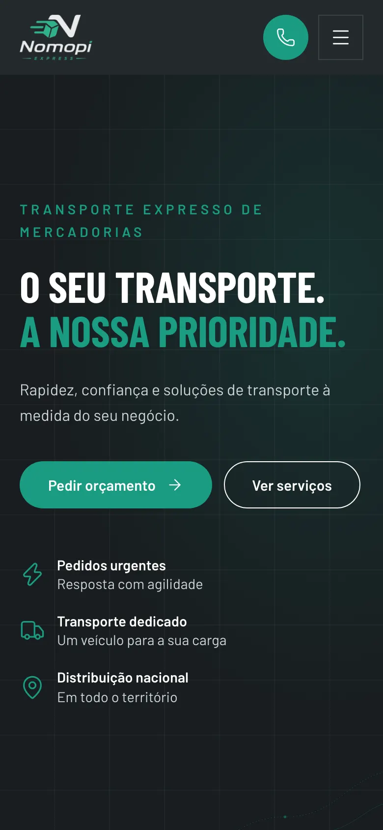 Página inicial da Nomopi Express no telemóvel