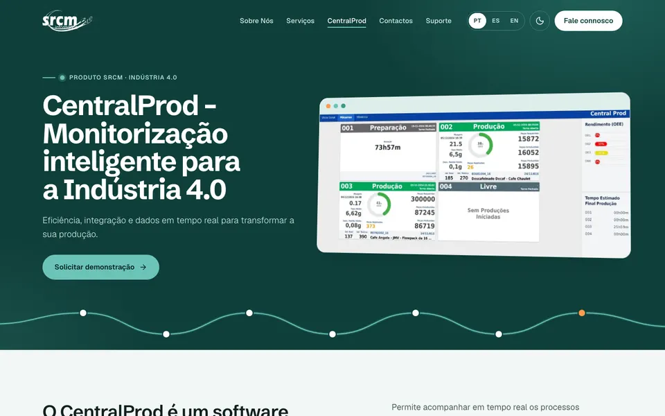 Página do CentralProd, software de monitorização para a Indústria 4.0
